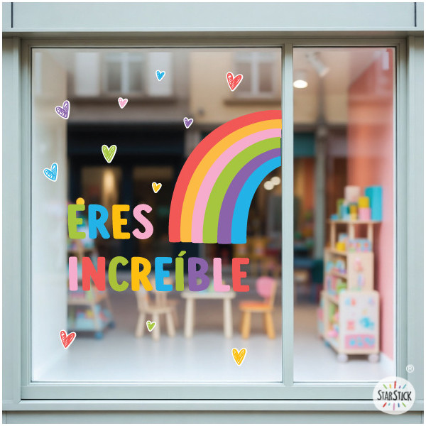 Sticker décoratif pour fenêtres avec la phrase « Tu es incroyable », idéal pour la décoration scolaire.
