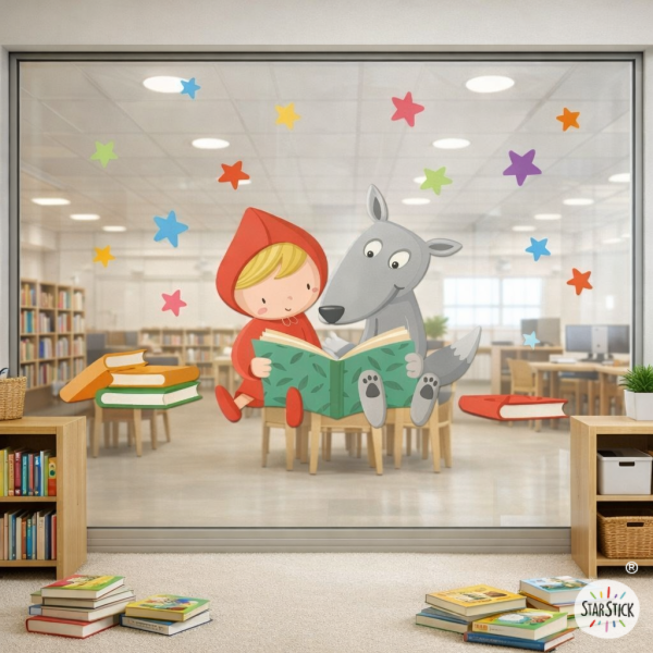Vinil infantil per a vidres de centres educatius amb la Caputxeta Vermella i el Llop llegint