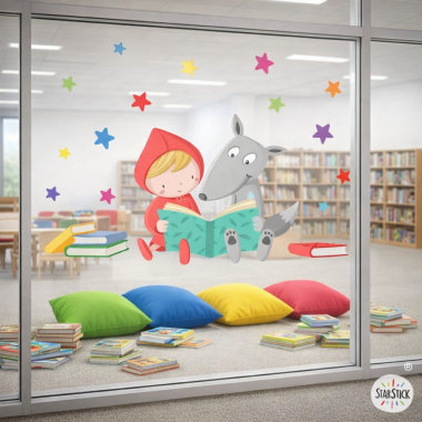 Sticker enfantin pour vitres d’établissements scolaires avec le Petit Chaperon Rouge et le Loup en train de lire