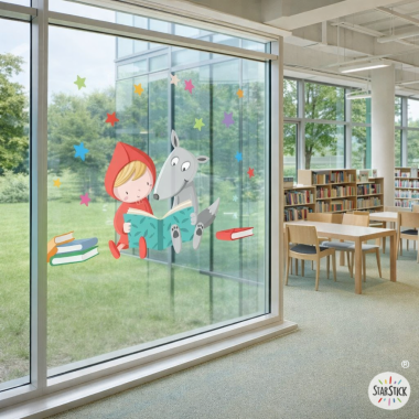 Sticker enfantin pour vitres d’établissements scolaires avec le Petit Chaperon Rouge et le Loup en train de lire