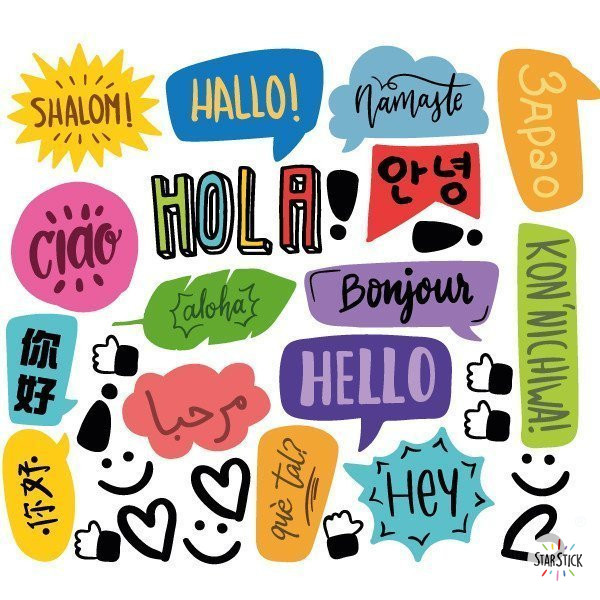 Vinilo para cristales de centros educativos con la palabra “Hola” en varios idiomas