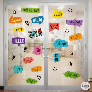 Window sticker with “Hello” in multiple languages for schools.