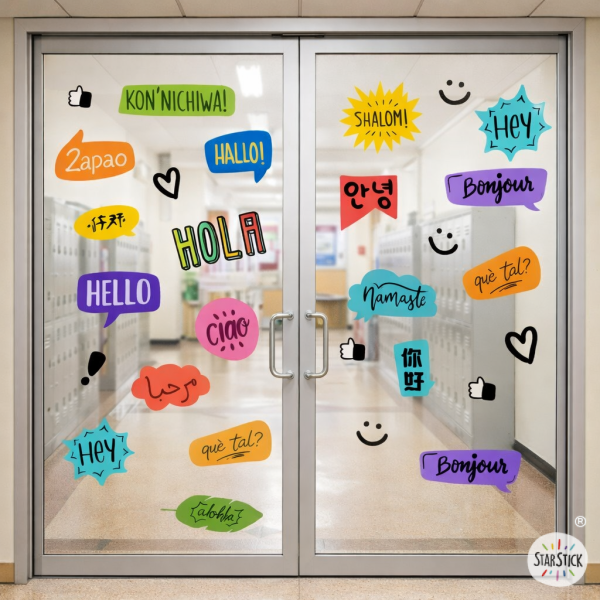 Window sticker with “Hello” in multiple languages for schools.