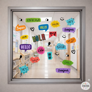 Window sticker with “Hello” in multiple languages for schools.