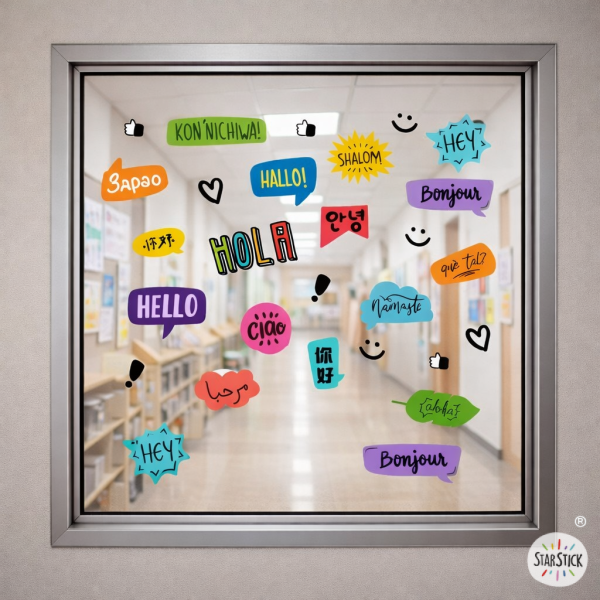 Window sticker with “Hello” in multiple languages for schools.