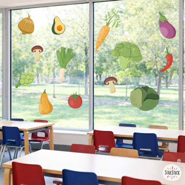 Decoración de comedores escolares | Vinilos para ventanas de verduras Montessori