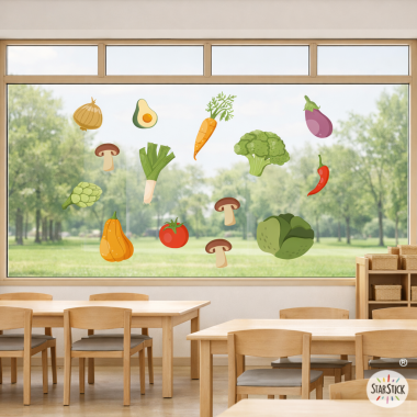 Decoración de comedores escolares | Vinilos para ventanas de verduras Montessori