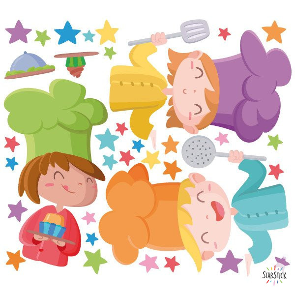 Decoració per a vidre amb cuiners infantils i estrelles de colors.