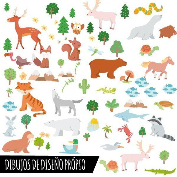 Carte du monde avec dessins d'animaux - Tons gris - Stickers muraux déco