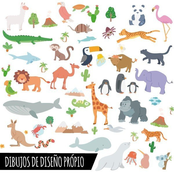 Carte du monde avec dessins d'animaux - Tons gris - Stickers muraux déco