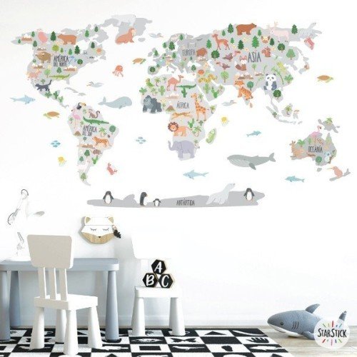 Mapa mundi amb dibuixos d'animals - Tons gris - Vinil decoratiu de paret