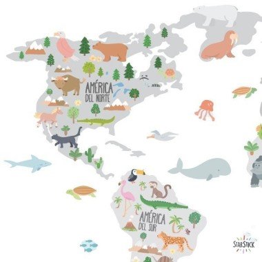 Mapa mundi amb dibuixos d'animals - Tons gris - Vinil decoratiu de paret