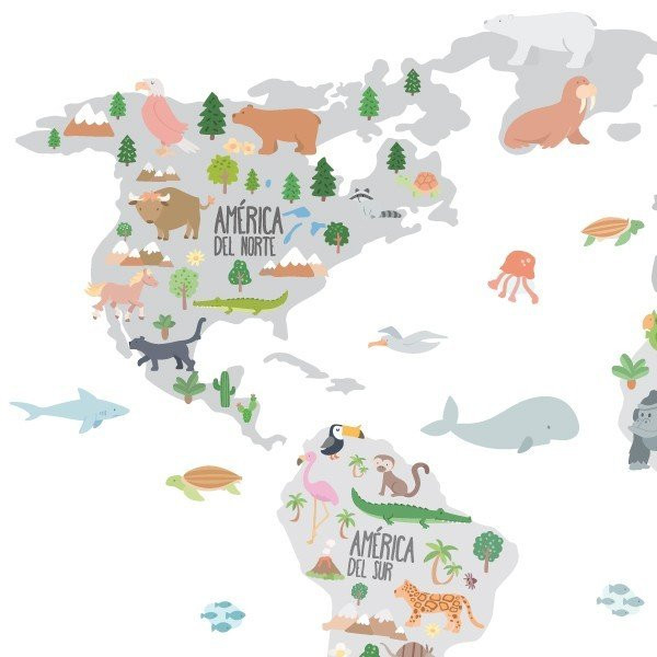 Carte du monde avec dessins d'animaux - Tons gris - Stickers muraux déco