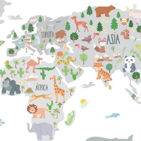 Carte du monde avec dessins d'animaux - Tons gris - Stickers muraux déco