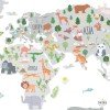 Carte du monde avec dessins d'animaux - Tons gris - Stickers muraux déco
