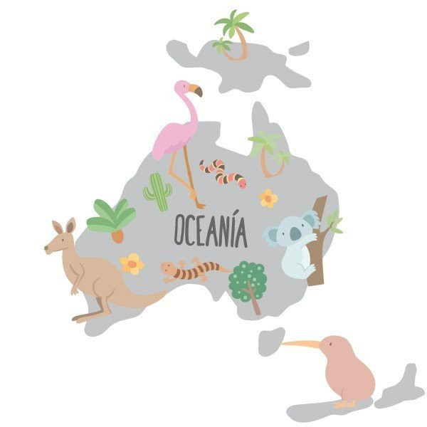 Carte du monde avec dessins d'animaux - Tons gris - Stickers muraux déco
