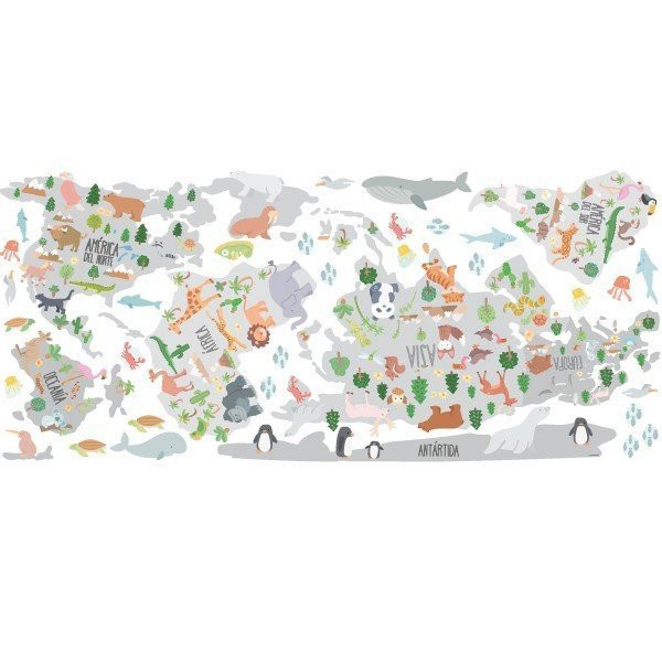 Carte du monde avec dessins d'animaux - Tons gris - Stickers muraux déco