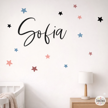 Vinilos infantiles personalizados Nombre elegant con estrellas. Vinilos infantiles para bebés y niños con nombre personalizado