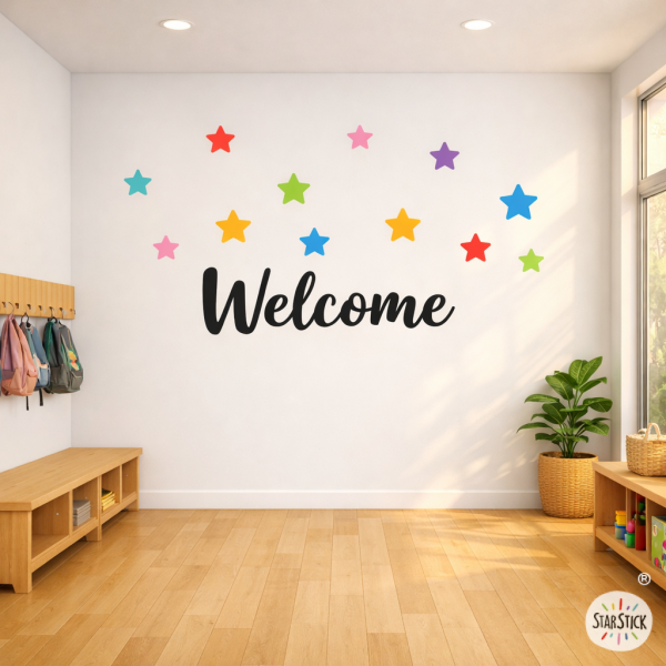 Educational welcome stickers with colorful stars to decorate classrooms and hallways in schools
