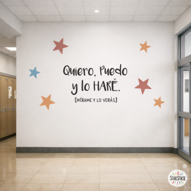 Vinilo decorativo con la frase “Quiero, puedo y lo haré” rodeada de estrellas.