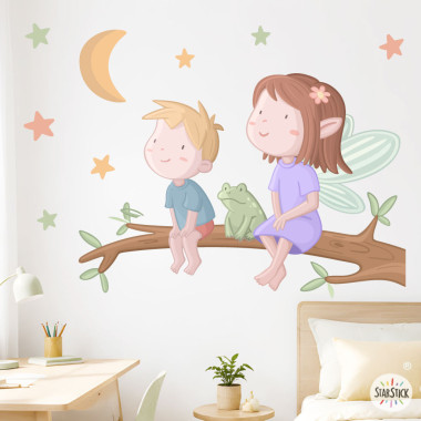 Children’s decorative wall decal with fairy and brother sitting on a tree branch with moon and stars for kids bedroom