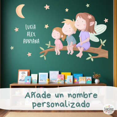 Vinilos infantiles hada con hermanos en la rama con luna y estrellas para habitación infantiles