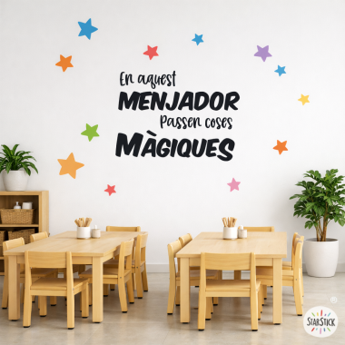 Vinilo decorativo para comedor escolar con el texto “En este comedor pasan cosas mágicas”, idioma a elegir