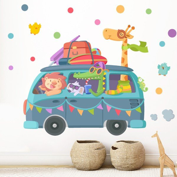 Vinil infantil furgoneta camper amb animals, ocells i confeti per decorar paret d’habitació infantil o zona de jocs