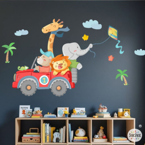 Vinil infantil cotxe tot terreny amb animals – Vinil decoratiu de paret per habitació infantil i zon
