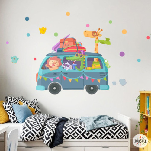 Vinilos infantiles furgoneta camper con animales – Sticker decorativo de aventura para pared de habi