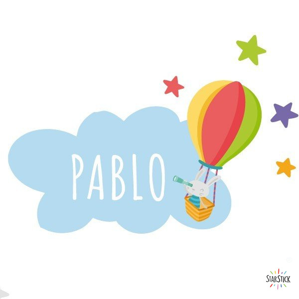 Conejito explorador en globo - Vinilo personalizable - Nombre para puertas