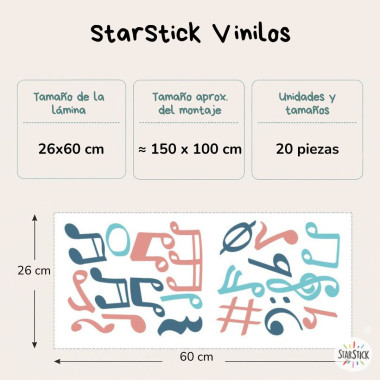 Vinil decoratiu de notes i símbols musicals per a paret – 3 colors per triar