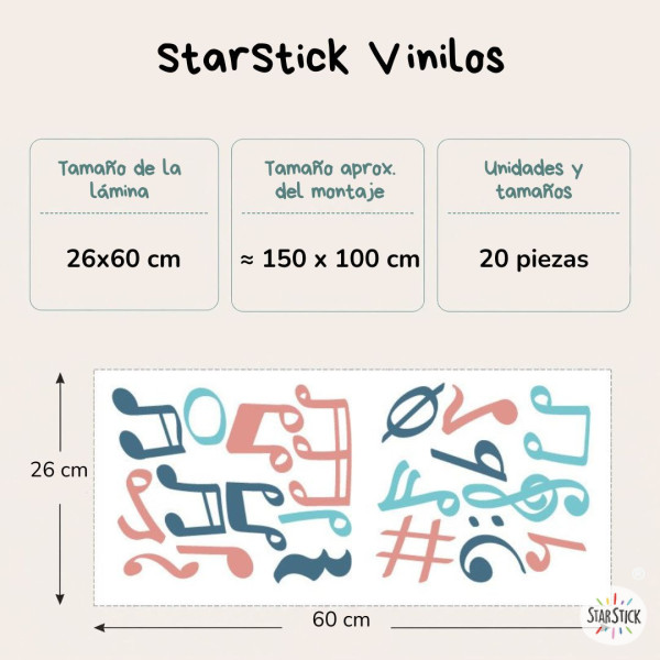 Vinil decoratiu de notes i símbols musicals per a paret – 3 colors per triar