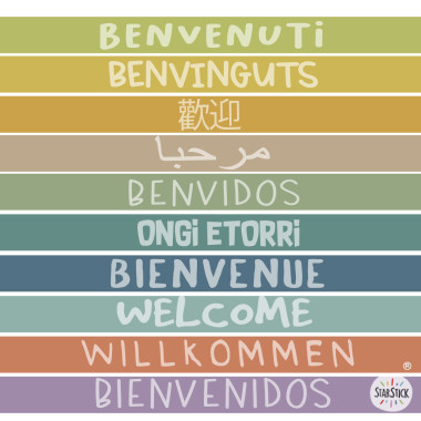Stickers décoratifs pour escaliers – Bienvenue en plusieurs langues | Tons terre élégants