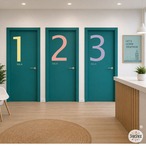 Stickers décoratifs avec chiffres et texte pour la signalétique de portes dans les espaces publics, bureaux et bâtiments.