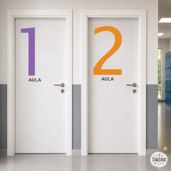 Stickers décoratifs avec chiffres et texte pour la signalétique de portes dans les espaces publics, bureaux et bâtiments.