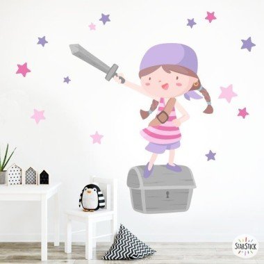 Stickers muraux enfant Super girl pirate - Lilas -