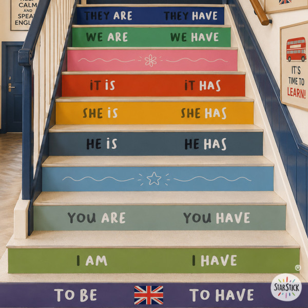 Vinil decoratiu per a escala d'escola amb el verb To Be, disponible en 4 colors