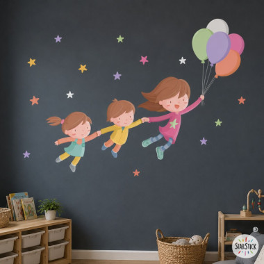 Kids siblings wall sticker with balloons – Sister and brothers wall decal for shared bedroom