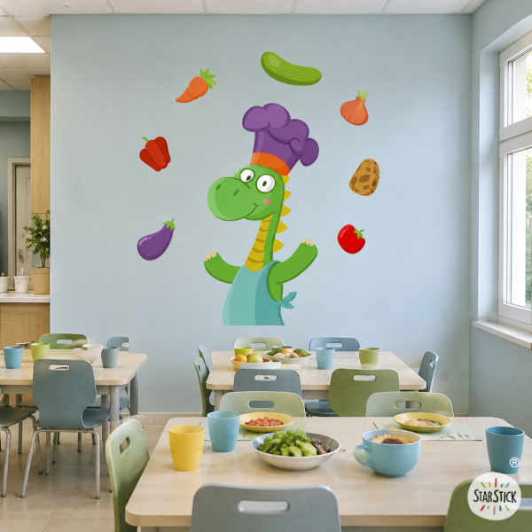 Vinilo escolar comedor - Dragón cocinero divertido para decorar escuelas y comedores educativos