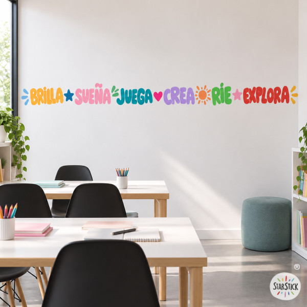 Bande adhésive éducative avec mots et couleurs pour décorer les murs des salles de classe et des écoles