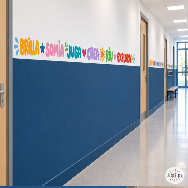 Bande adhésive éducative avec mots et couleurs pour décorer les murs des salles de classe et des écoles