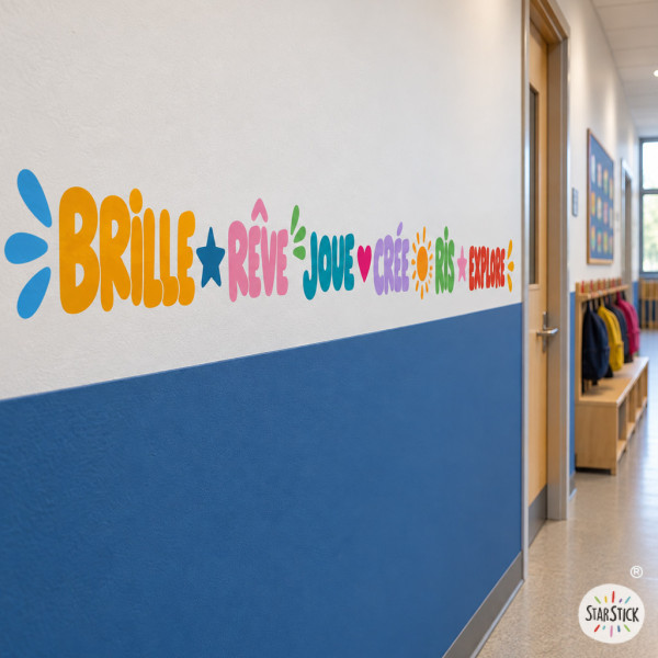 Bande adhésive éducative avec mots et couleurs pour décorer les murs des salles de classe et des écoles