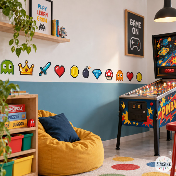 Cenefa decorativa con elementos gamer Retro | Decoración juvenil