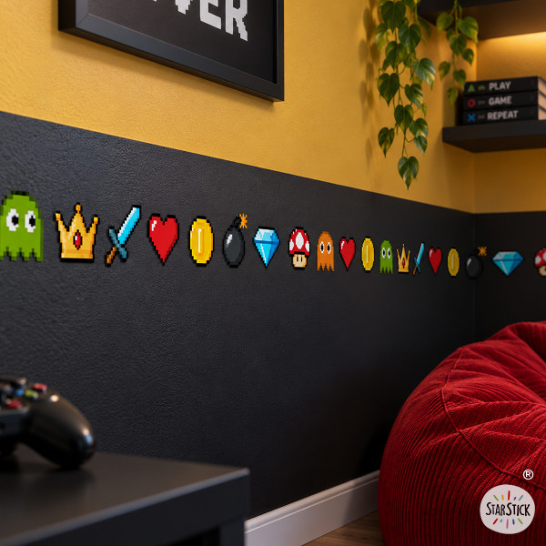 Cenefa decorativa con elementos gamer Retro | Decoración juvenil