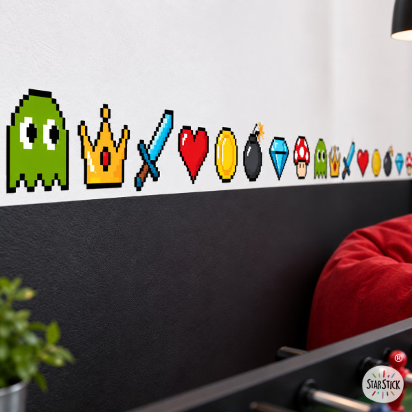 Cenefa decorativa con elementos gamer Retro | Decoración juvenil