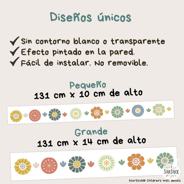 Cenefa autoadhesiva con flores en tonos Boho| Decoración infantil
