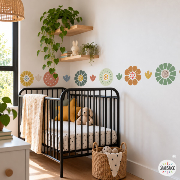 Self-Adhesive Border with Boho-Tone Flowers | Kids’ Decor