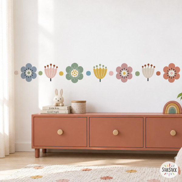 Cenefa autoadhesiva con flores en tonos Boho| Decoración infantil