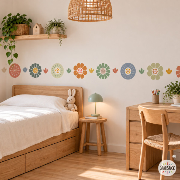 Cenefa autoadhesiva con flores en tonos Boho| Decoración infantil